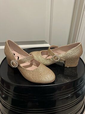 Gold Glitter Mary Jane Heels with Rhinestone Buckle